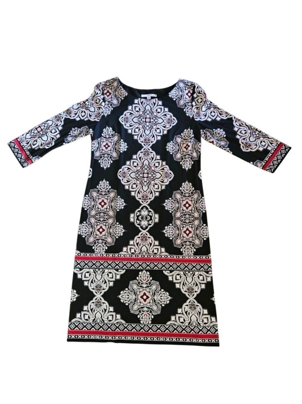 Studio One New York Black Red Cream 3/4 Sleeve Medallion Patterned Midi Dress - Picture 6 of 17